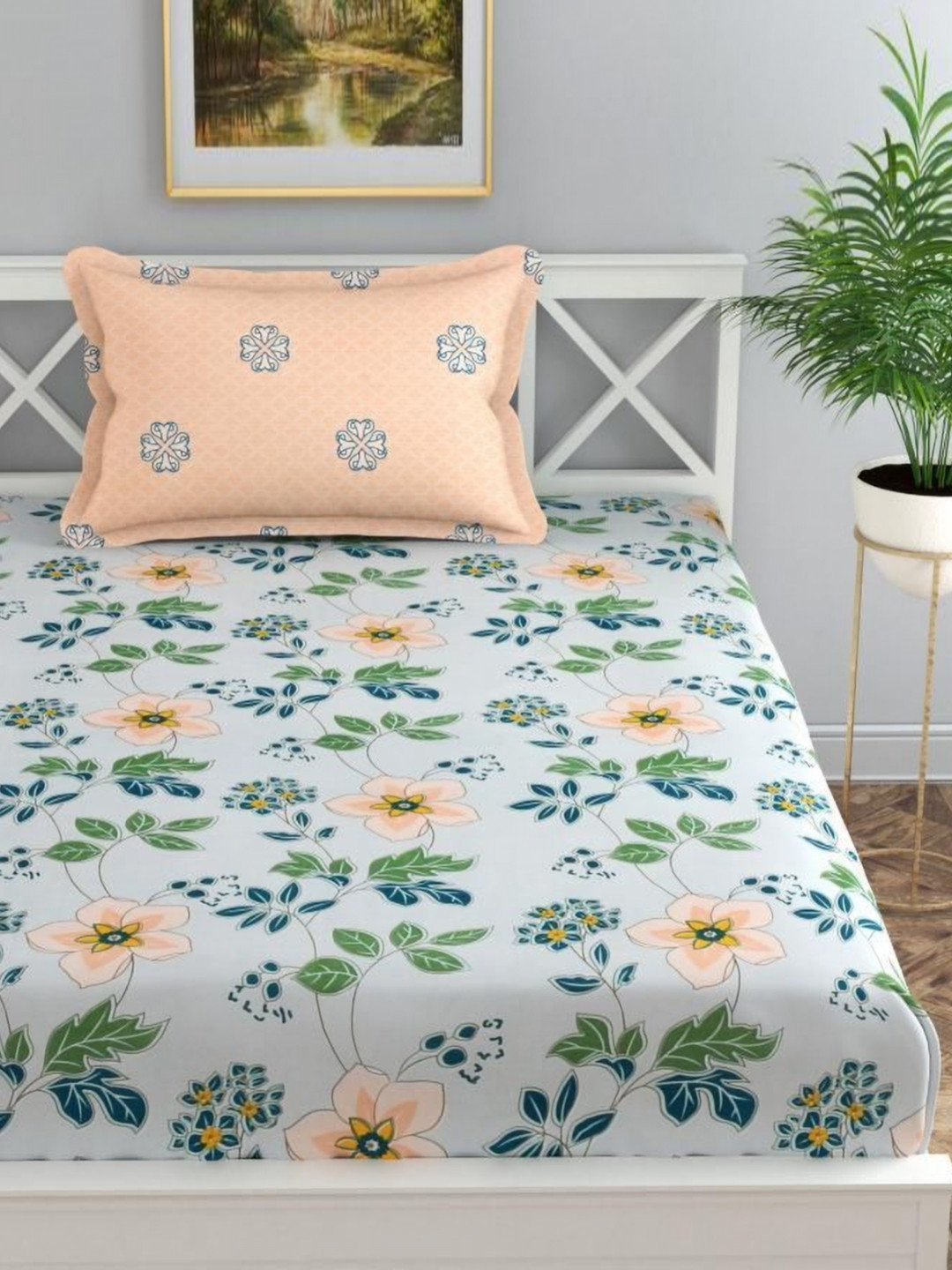 Florida Orange Coloured Floral Printed 200 TC Microfiber Single Bedsheet Set 1.55 m x 2.28