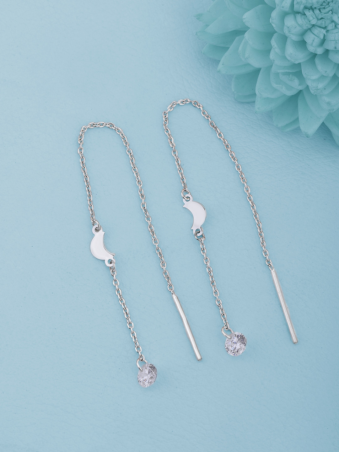 VANBELLE Rhodium Plated 925 Sterling Silver CZ Studded Threader Drop Earrings