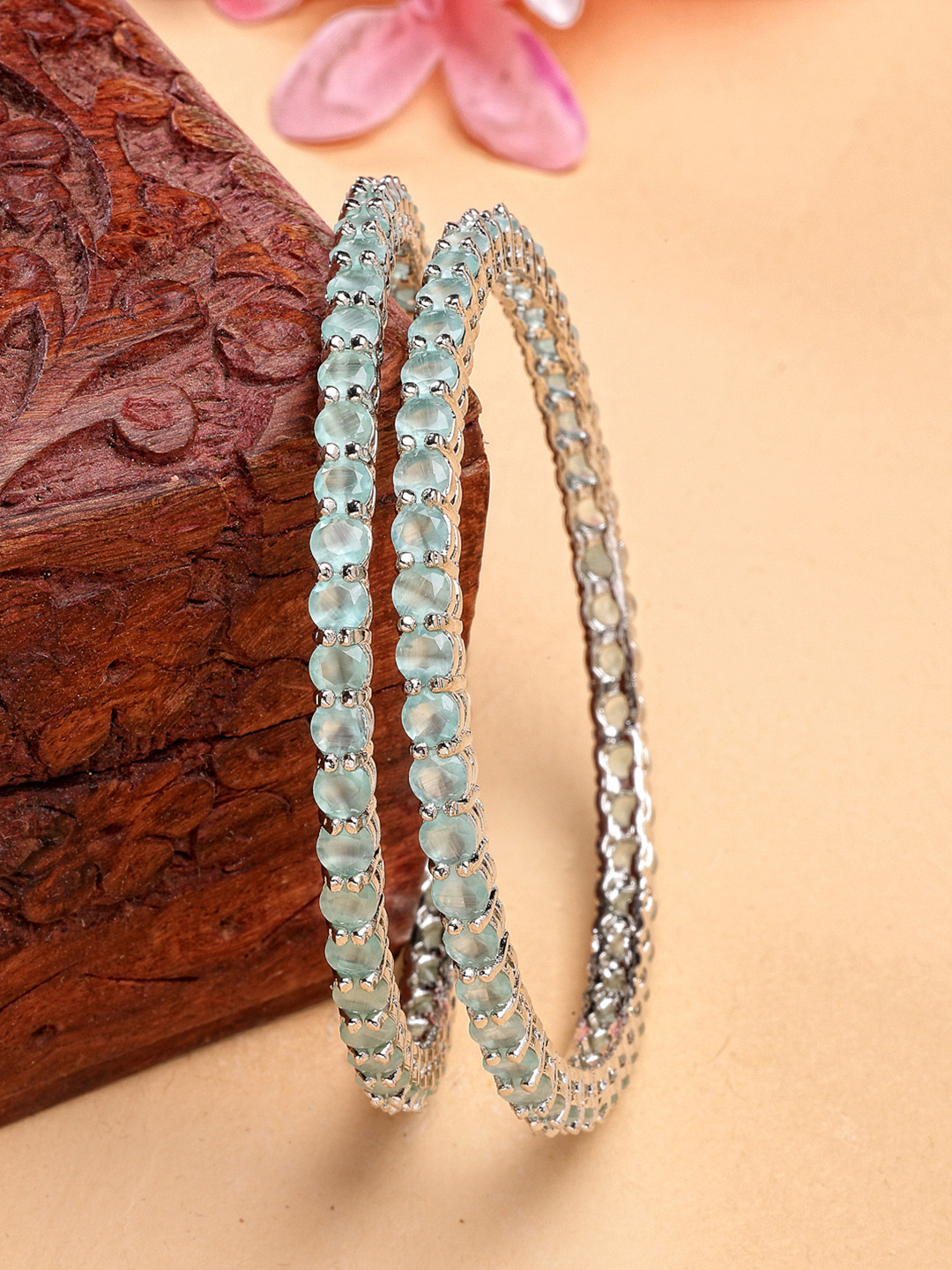 ZENEME Set Of 2 Rhodium-Plated Sea Green Crystal Luxe AD Bangles