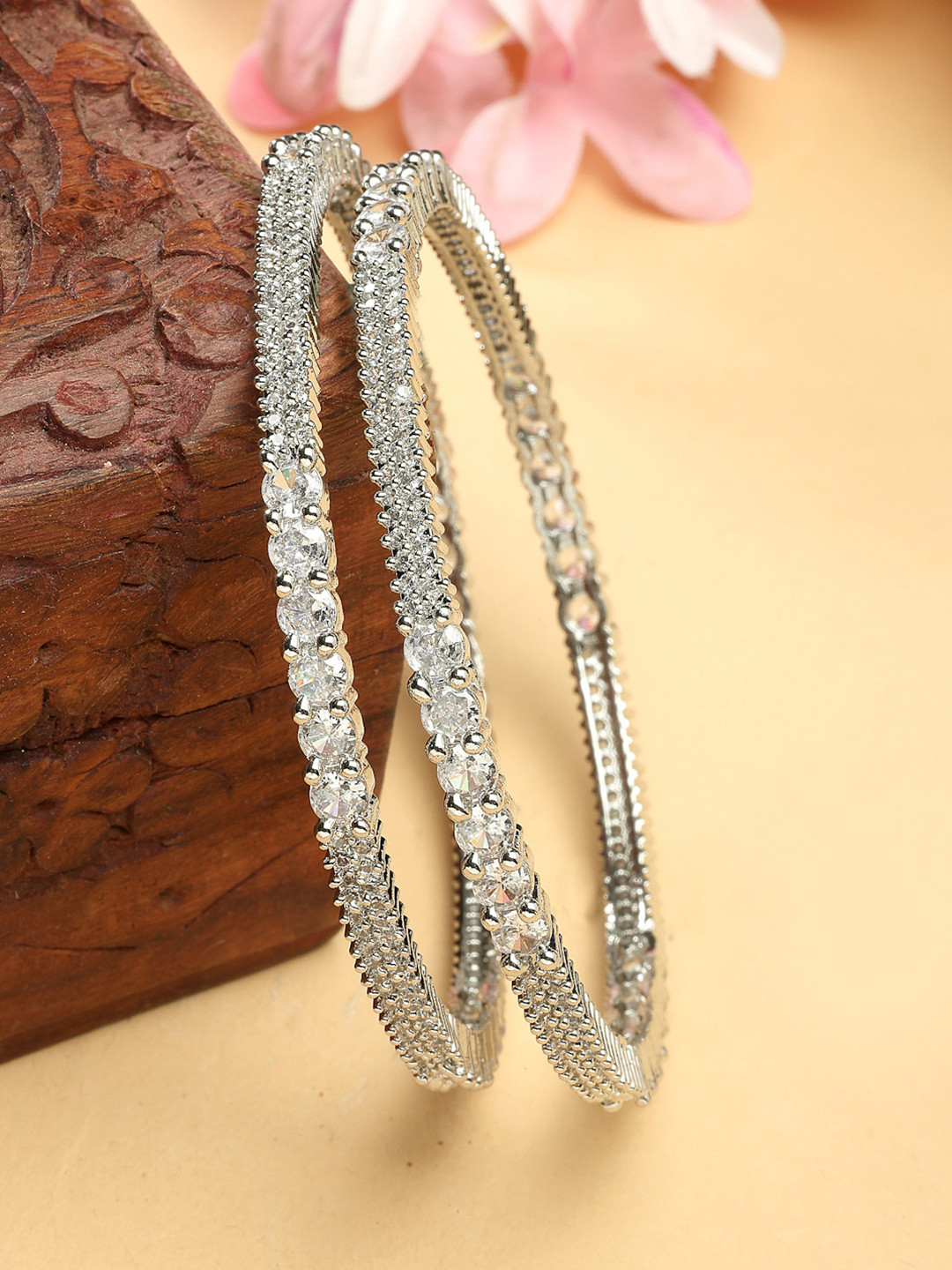 ZENEME Women Set Of 2 Rhodium-Plated White AD Crystal Radiance Bangles