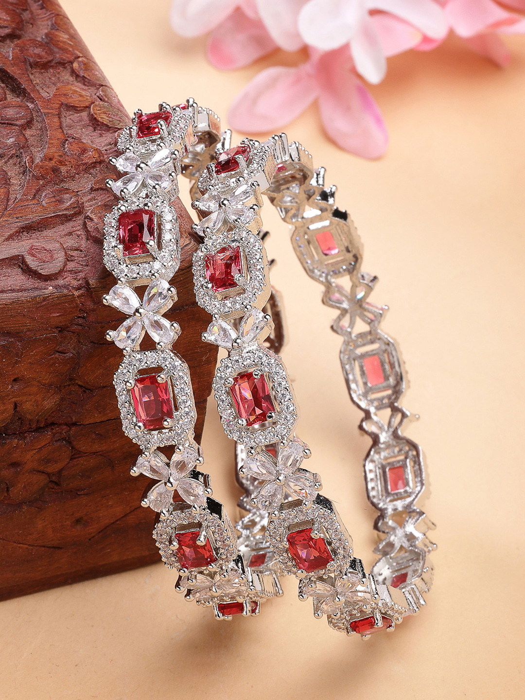 ZENEME Women Set Of 2 Rhodium-Plated Red Crystal Luxe Sparkle Bangles