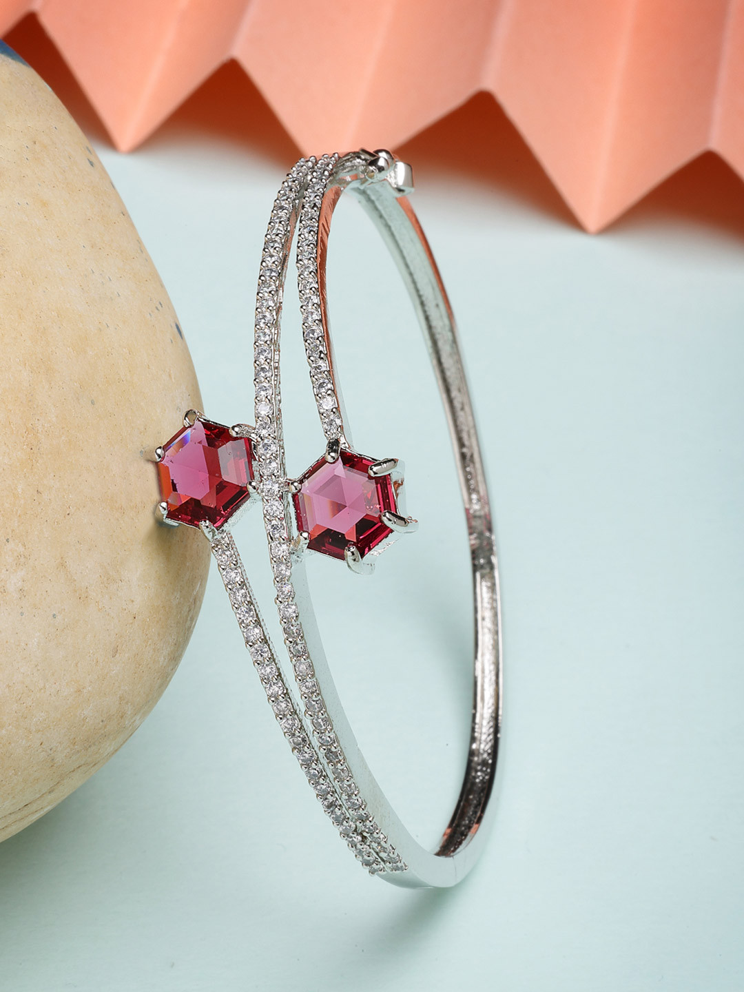 ZENEME Rhodium Plated Silver Toned Twilight Sparkle Red American Diamond Studded Bracelet