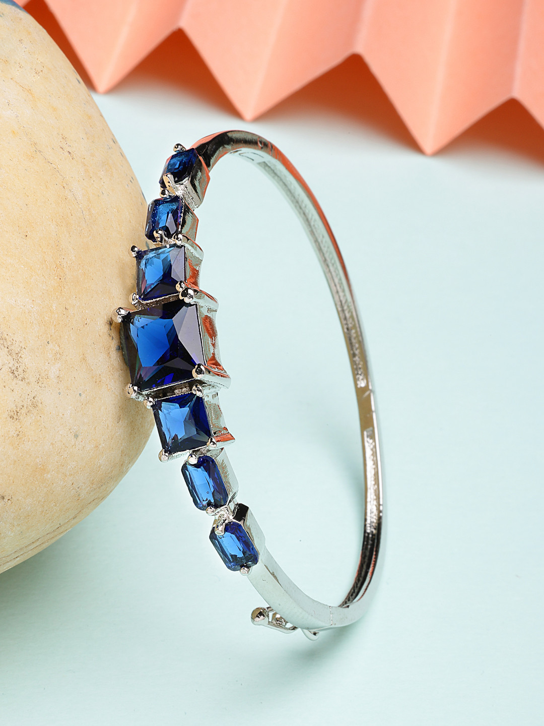 ZENEME Rhodium Plated Silver Toned Navy Blue AD Studded cuff Bracelet