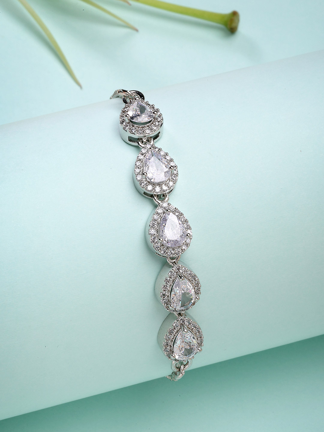 ZENEME Rhodium Plated Tear Drop Delight with White Crystals Bracelet