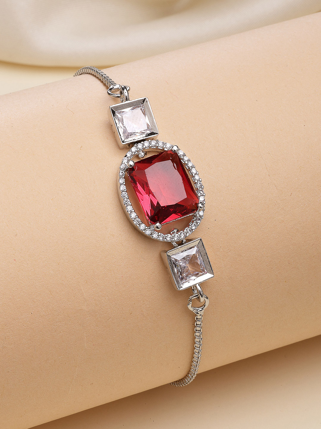 ZENEME Rhodium Plated Silver Toned Red & White Crystal Adjustable Bracelet