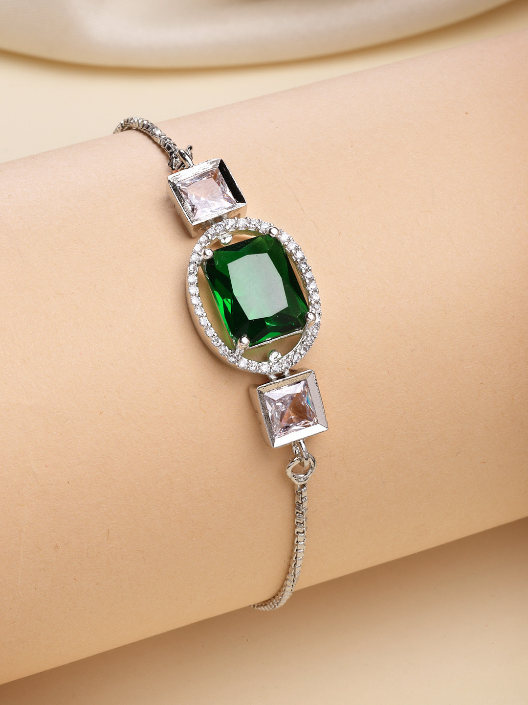 ZENEME Rhodium Plated Silver Toned Green & White Crystal Adjustable Bracelet