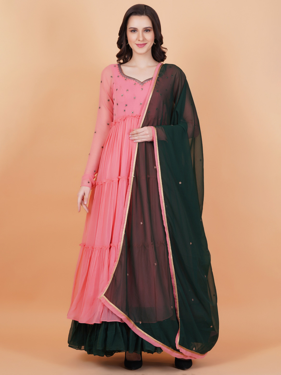 SUFIZA LIFESTYLE Women Embroidered Georgette Ethnic Dress With Dupatta