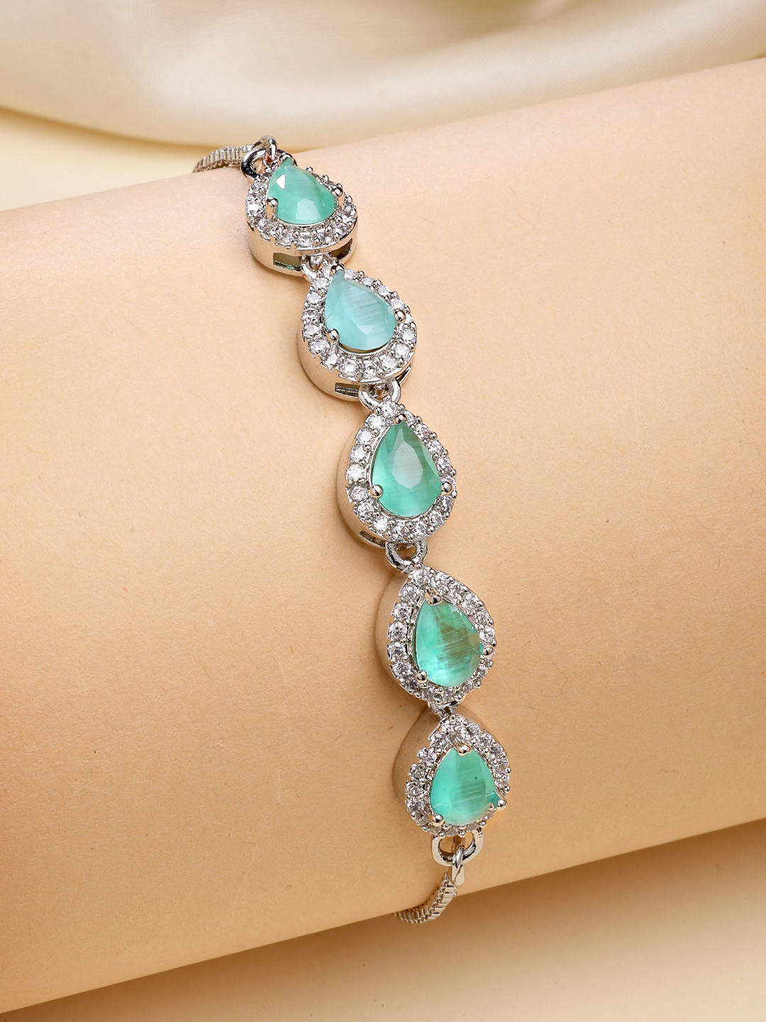 ZENEME Rhodium Plated Silver Toned Tear Drop Delight with Ocean Blue Crystals Bracelet