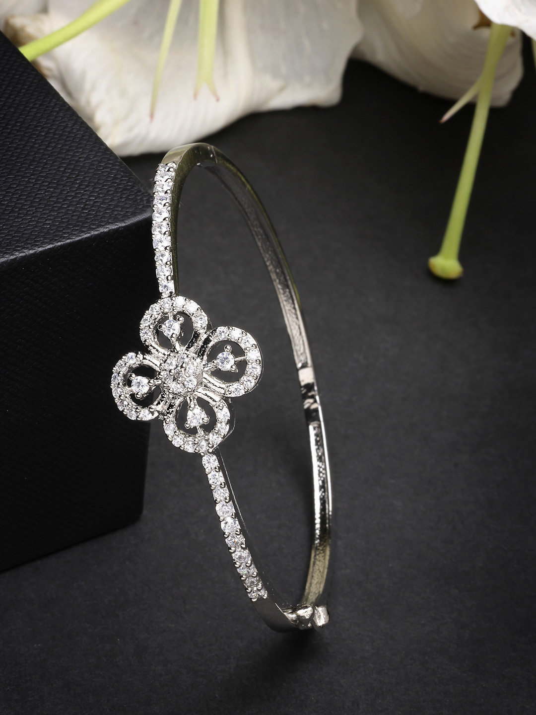 ZENEME Rhodium Plated Silver Toned Floral Cuff Bracelet