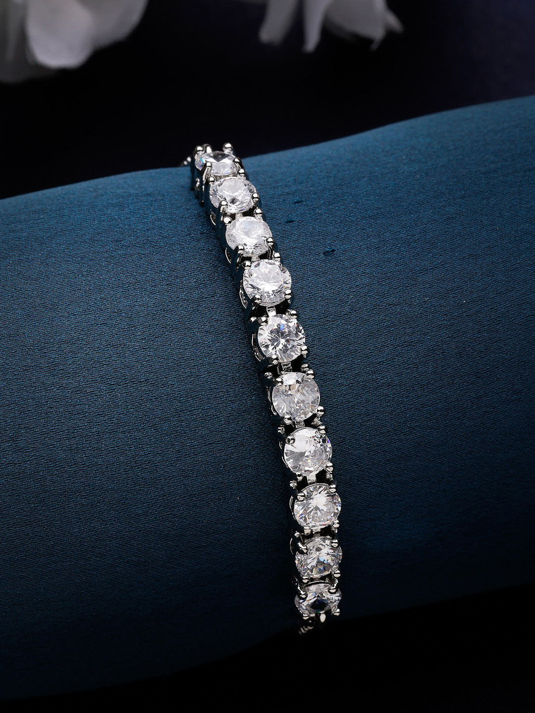 ZENEME Rhodium Plated Silver Toned American Diamond Luxury Crystal Studded Tennis Bracelet