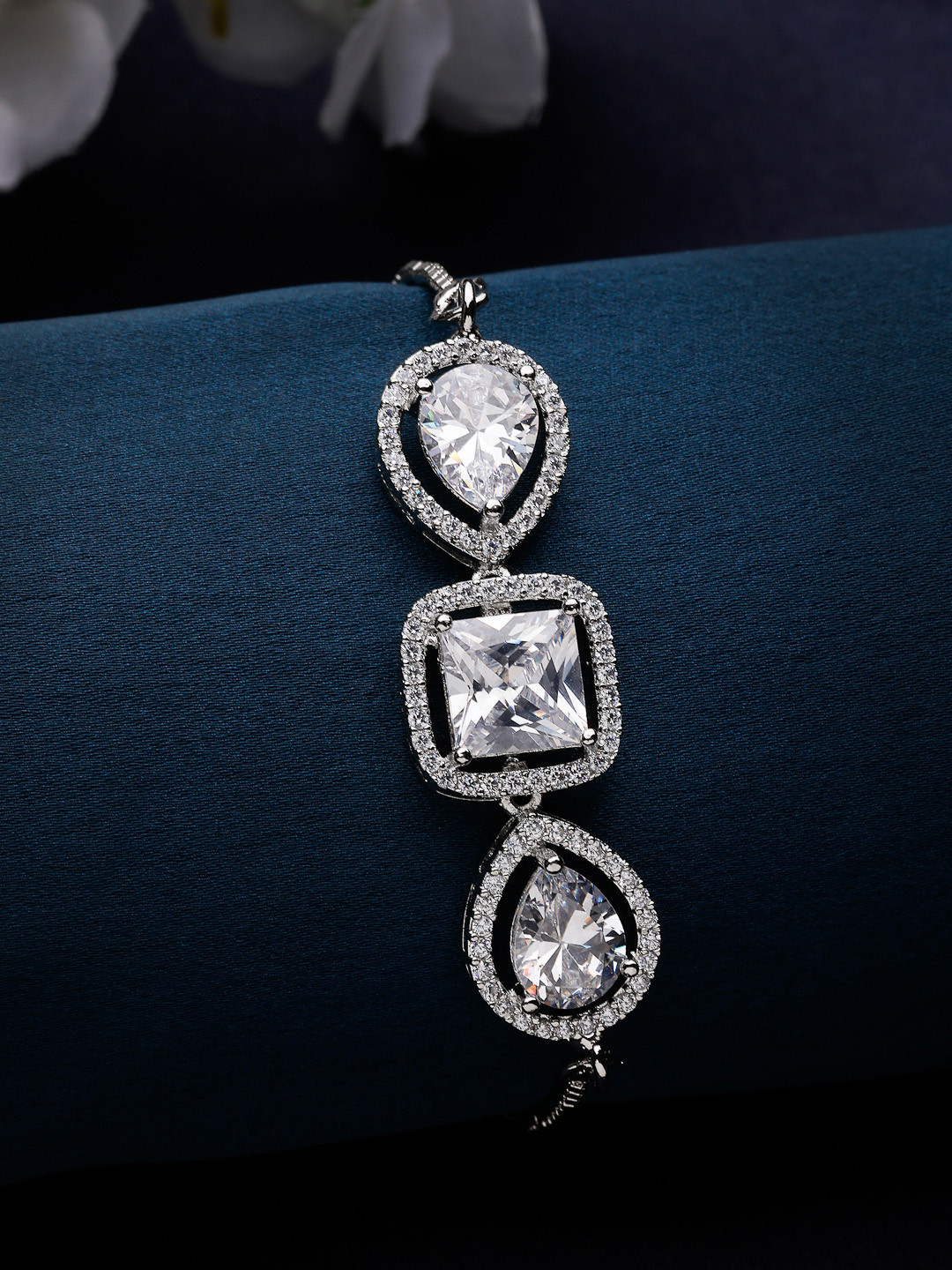 ZENEME Rhodium Plated Silver Toned White Crystal Adjustable Tear Drop Bracelet