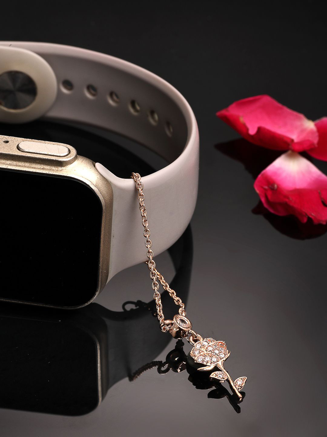 ZENEME Rose Gold Plated Cubic Zirconia Diamond Adjustable Watch Flower Charm Bracelet