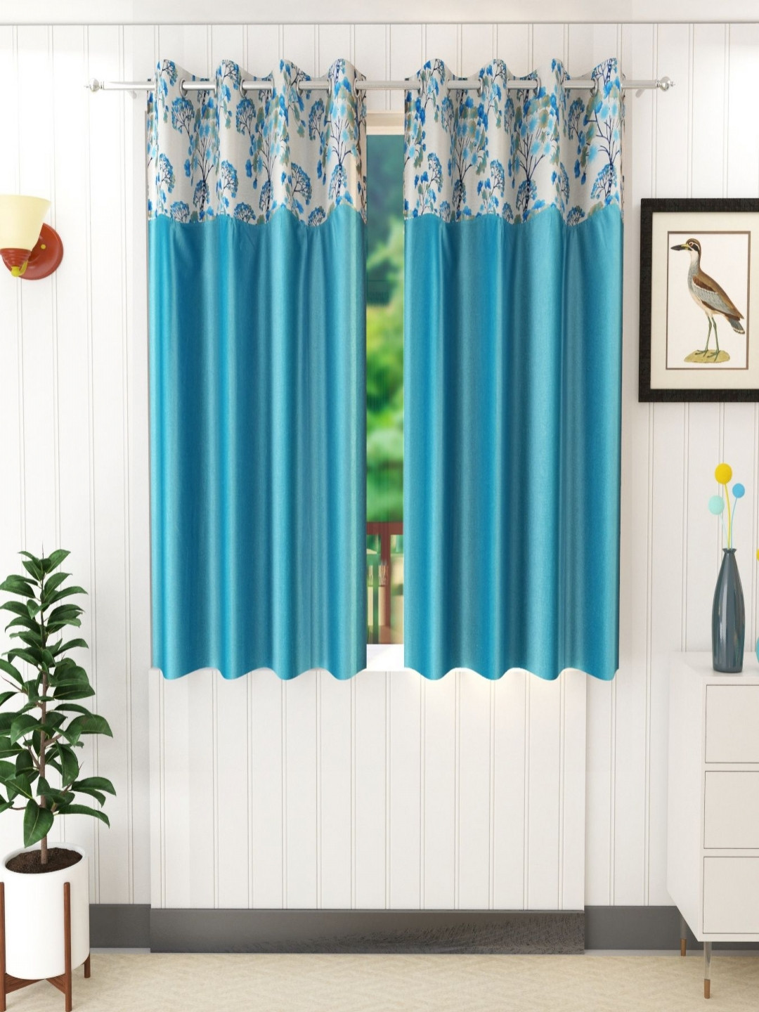 Aura Petunia Turquoise Blue & White 2 Pieces Floral Printed Window Curtains