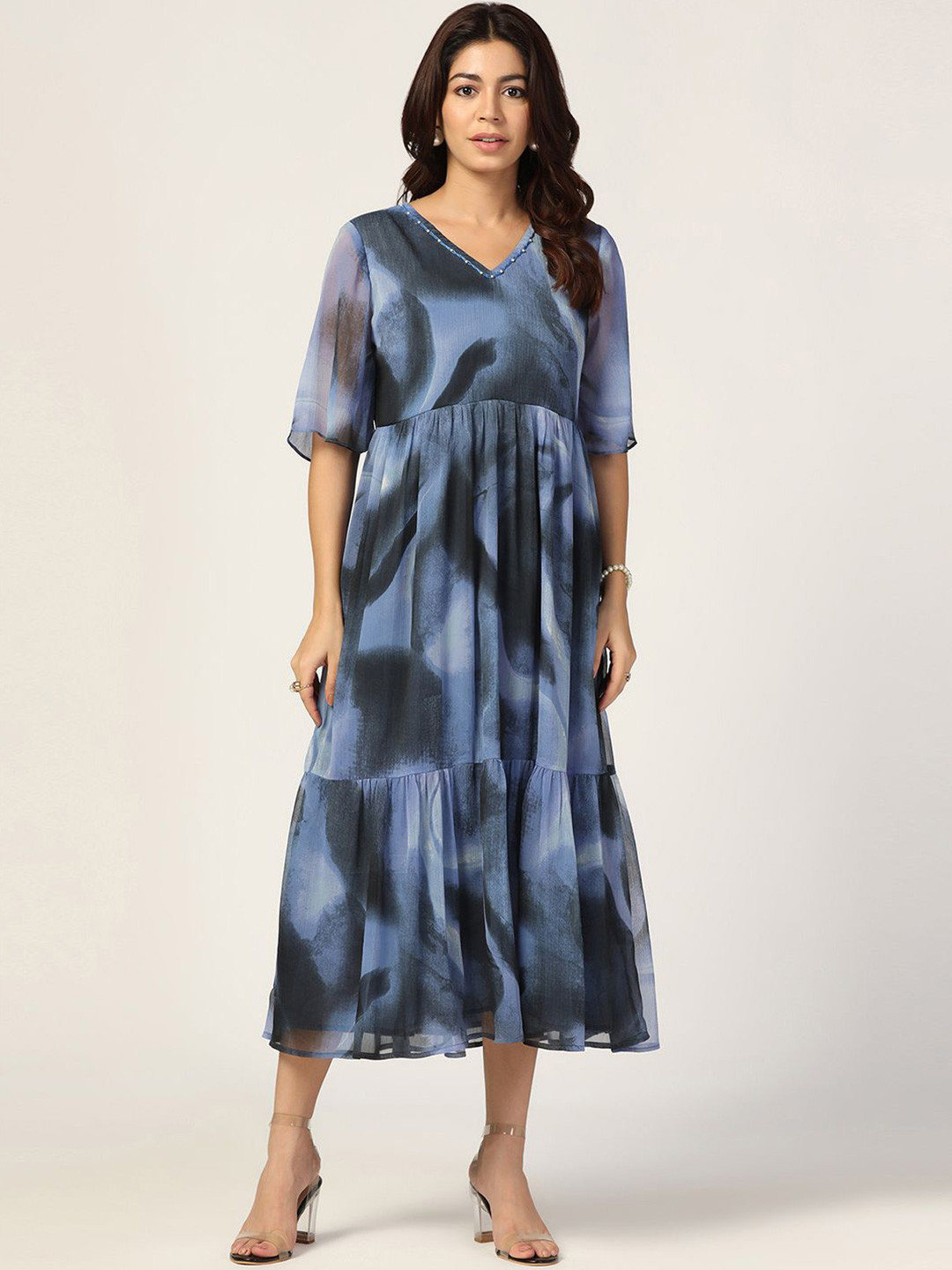 Mustard Women Tie and Dye Flared Sleeve Fit & Flare Dress