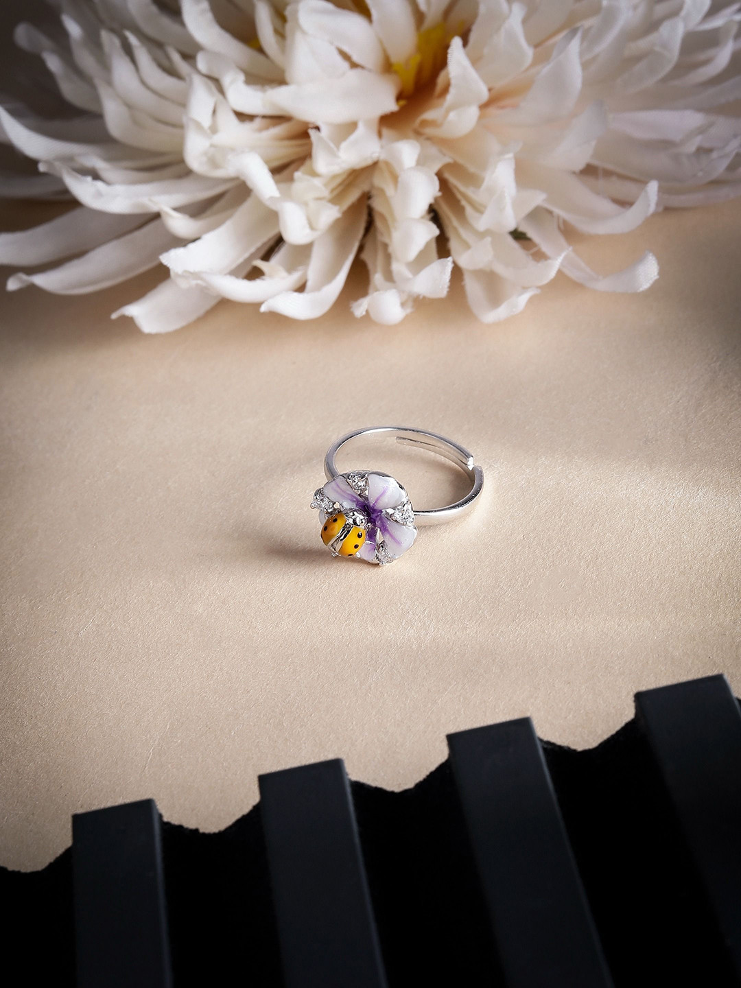 DIAVO Cubic Zirconia Studded Baby Bug Adjustable Finger Ring