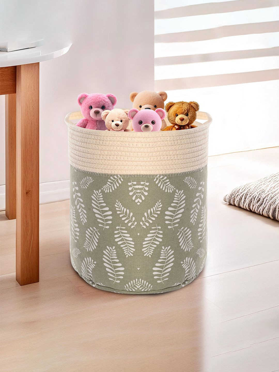 Kuber Industries Green & White Leaves Printed Tote Basket Organiser With Handles