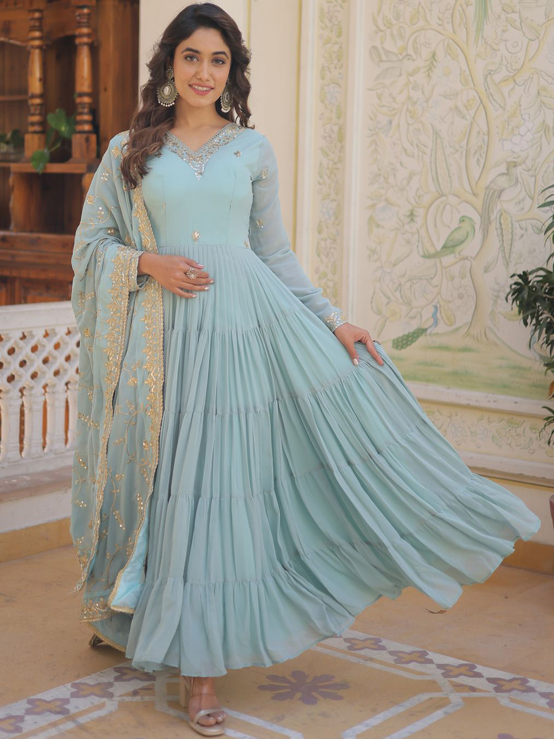 KALINI Floral Embroidered Tiered Georgette Maxi Anarkali With Dupatta