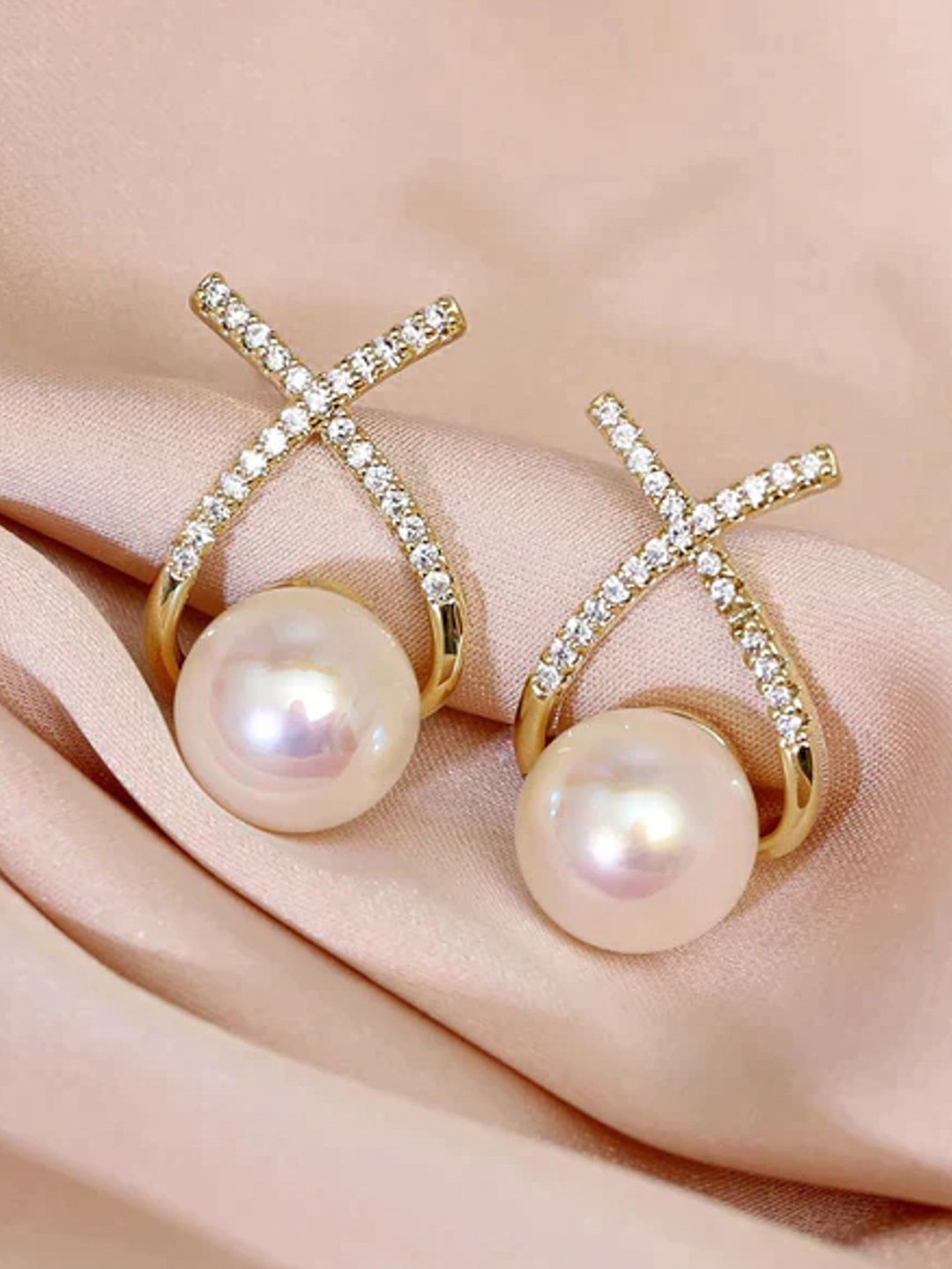 PolluxCraft Gold-Plated Pearl Studded Contemporary Shaped Studded Earrings