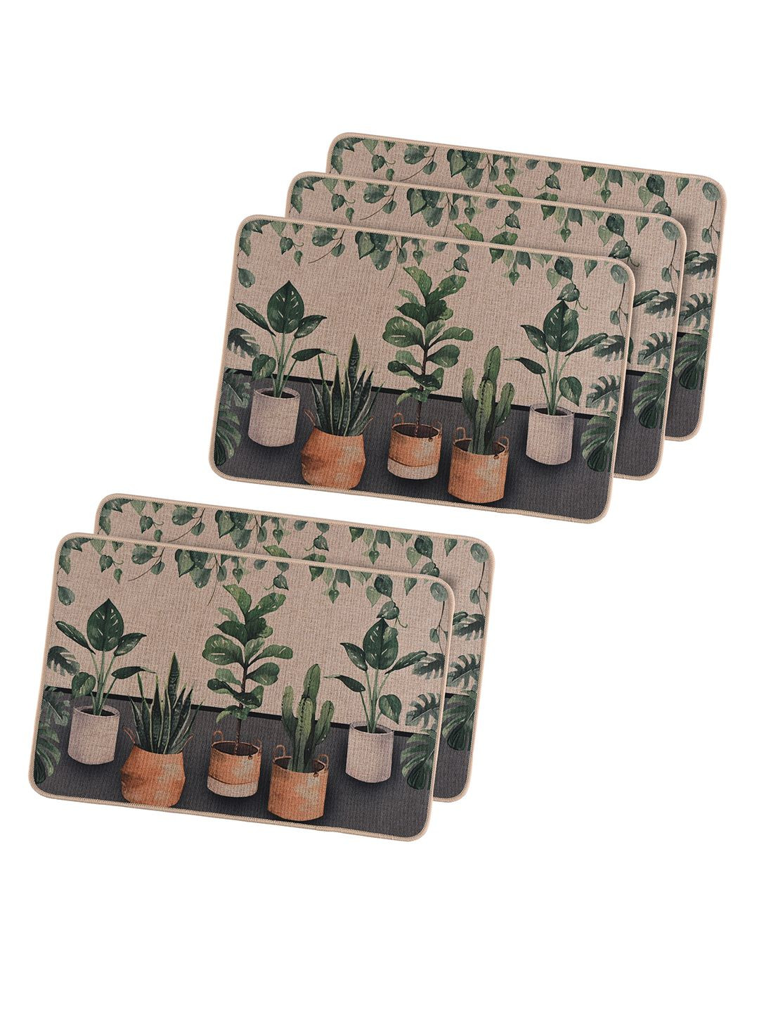 Kuber Industries Brown & Green 5 Pieces Plant Printed Doormats