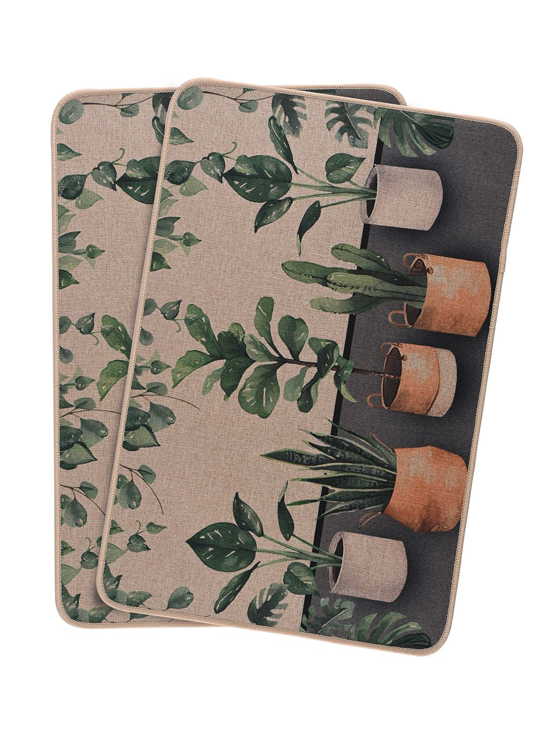 Kuber Industries Brown & Green 2 Pieces Plant Printed Doormats