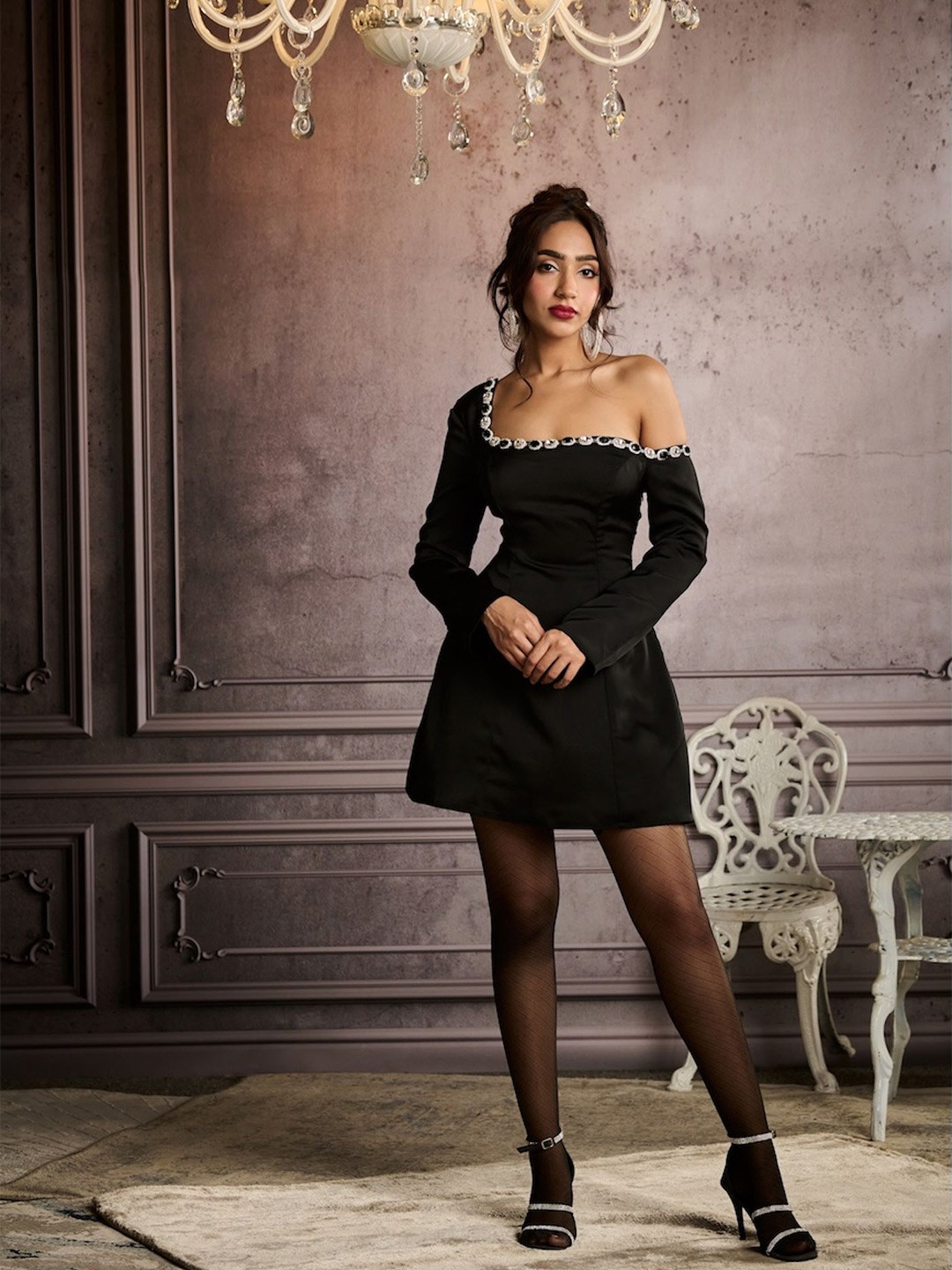 Lea Clothing Co. Amara Black Rhinestone Embellished A-Line Mini Dres