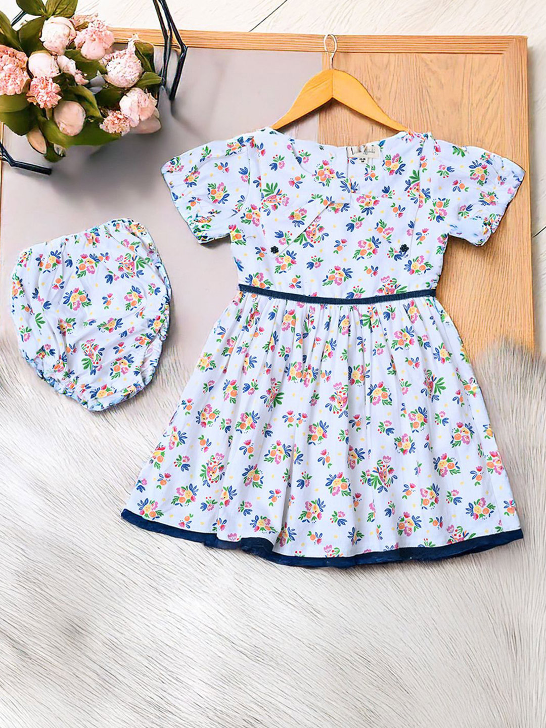 Bella Moda Girls Floral Printed Cotton Fit & Flare Dress With Briefs