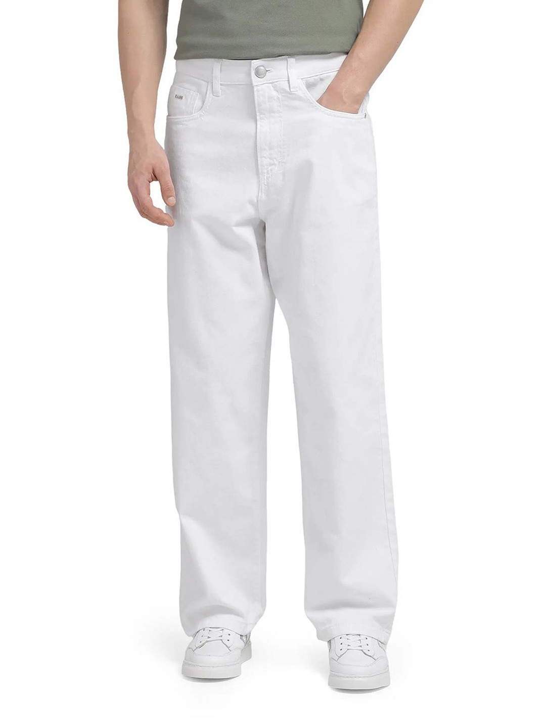 RARE RABBIT Men Bron Primary White Comfort Baggy Mid-Rise Jeans