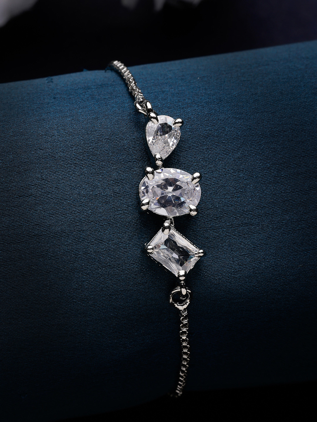 ZENEME Rhodium Plated Silver Toned American Diamond Wraparound Bracelet