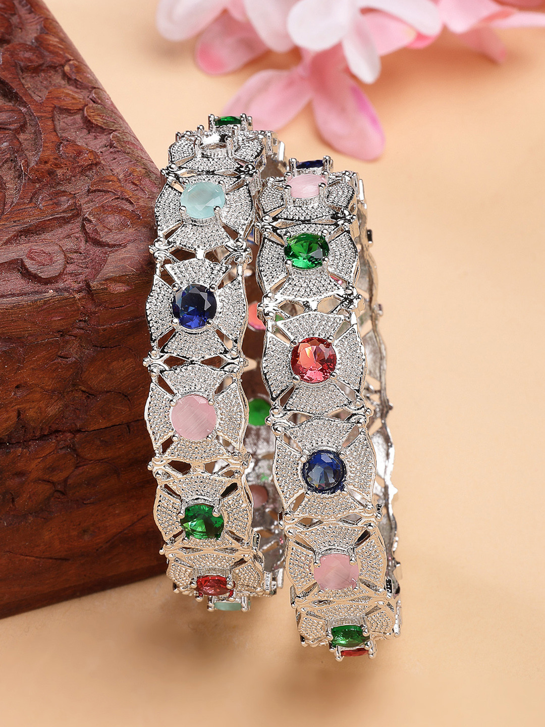 ZENEME Women Set Of 2 Rhodium-Plated Multicolor Gemstone Halo Detail Bangles
