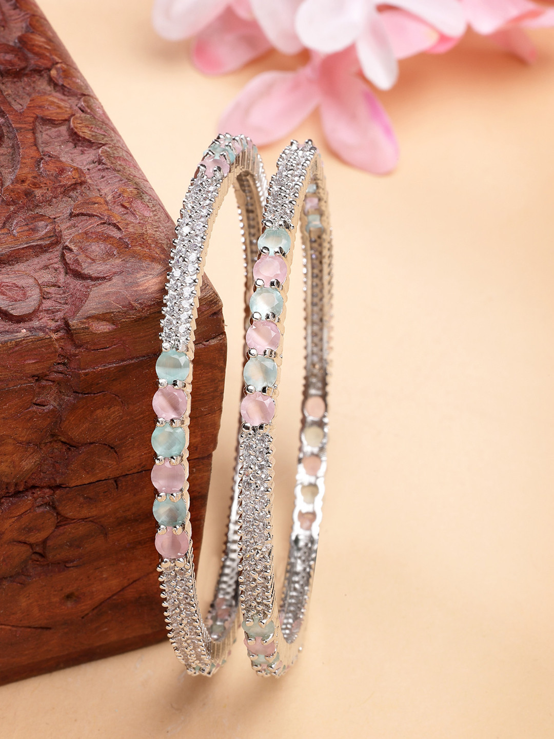 ZENEME Women Set Of 2 Rhodium-Plated Pink & Sea Green AD Crystal Radiance Bangles