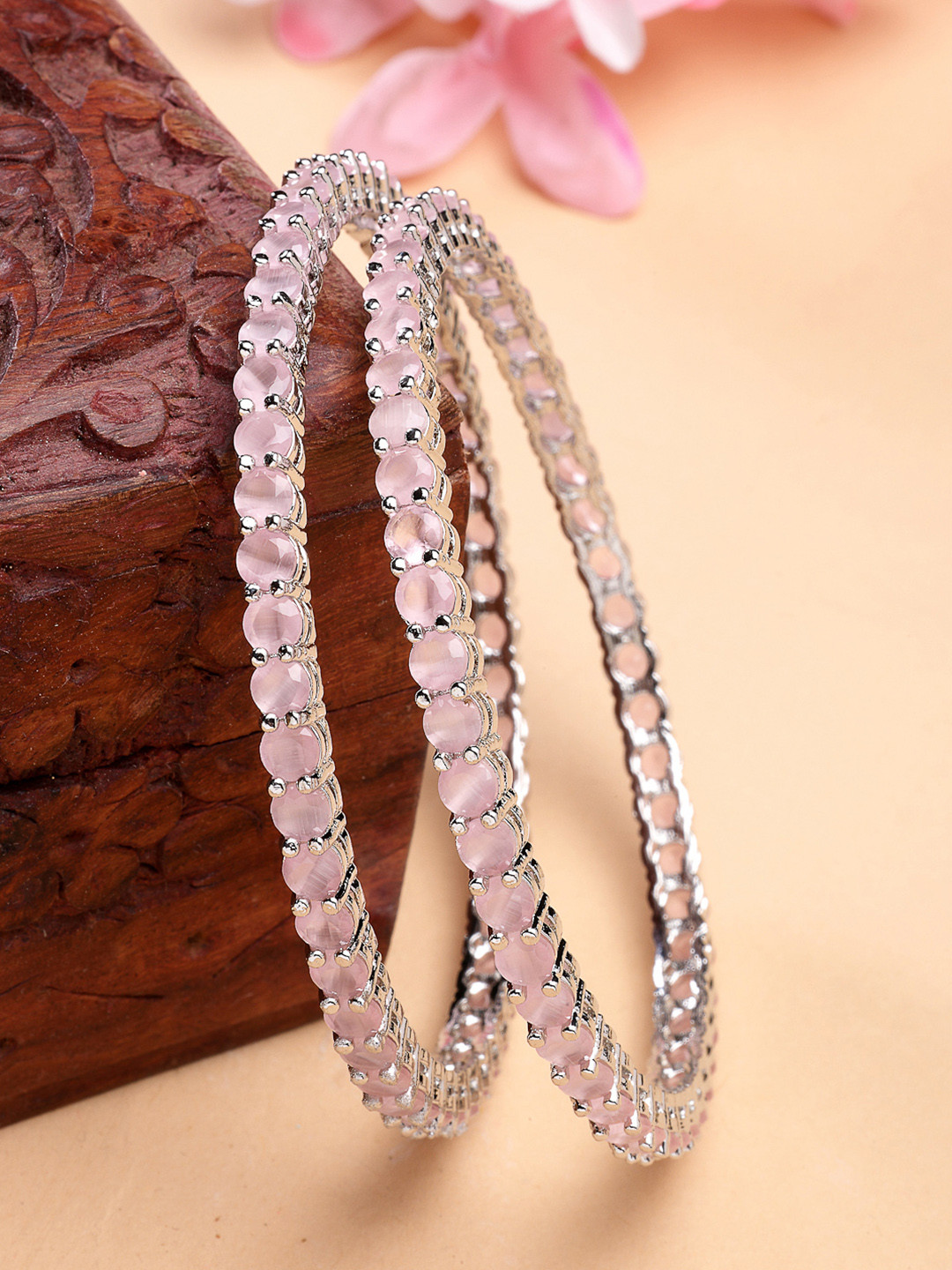 ZENEME Set Of 2 Rhodium-Plated Pink Crystal Luxe AD Bangles