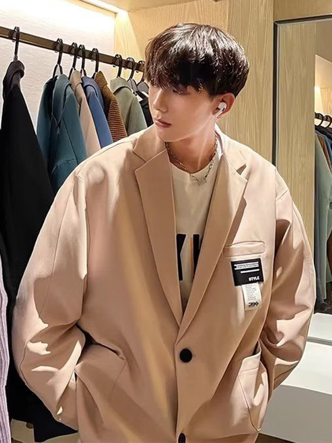 HERE&NOW Men Lapel Collar Solid Casual Tailored Coat