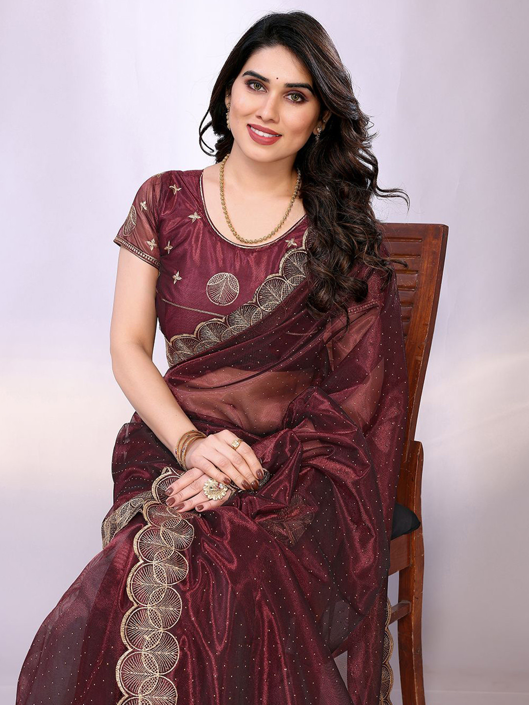 FABMORA Beads and Stones Organza Saree