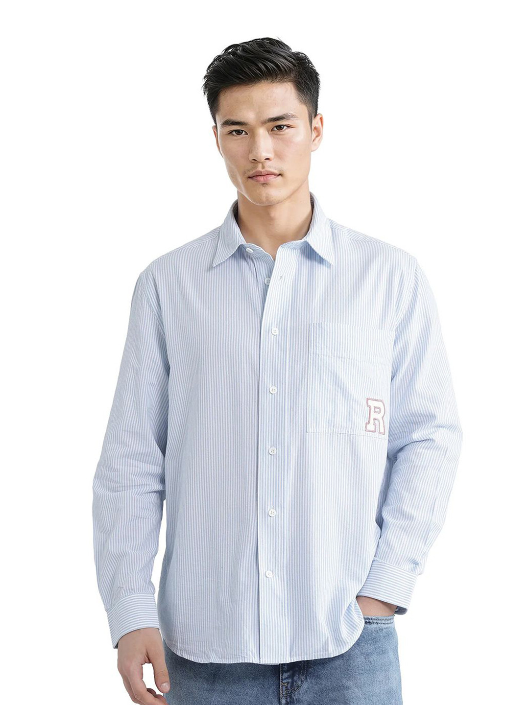 RARE RABBIT Men Comfort Fit Spread Collar Pinstripes Striped Cotton Casual Shirt
