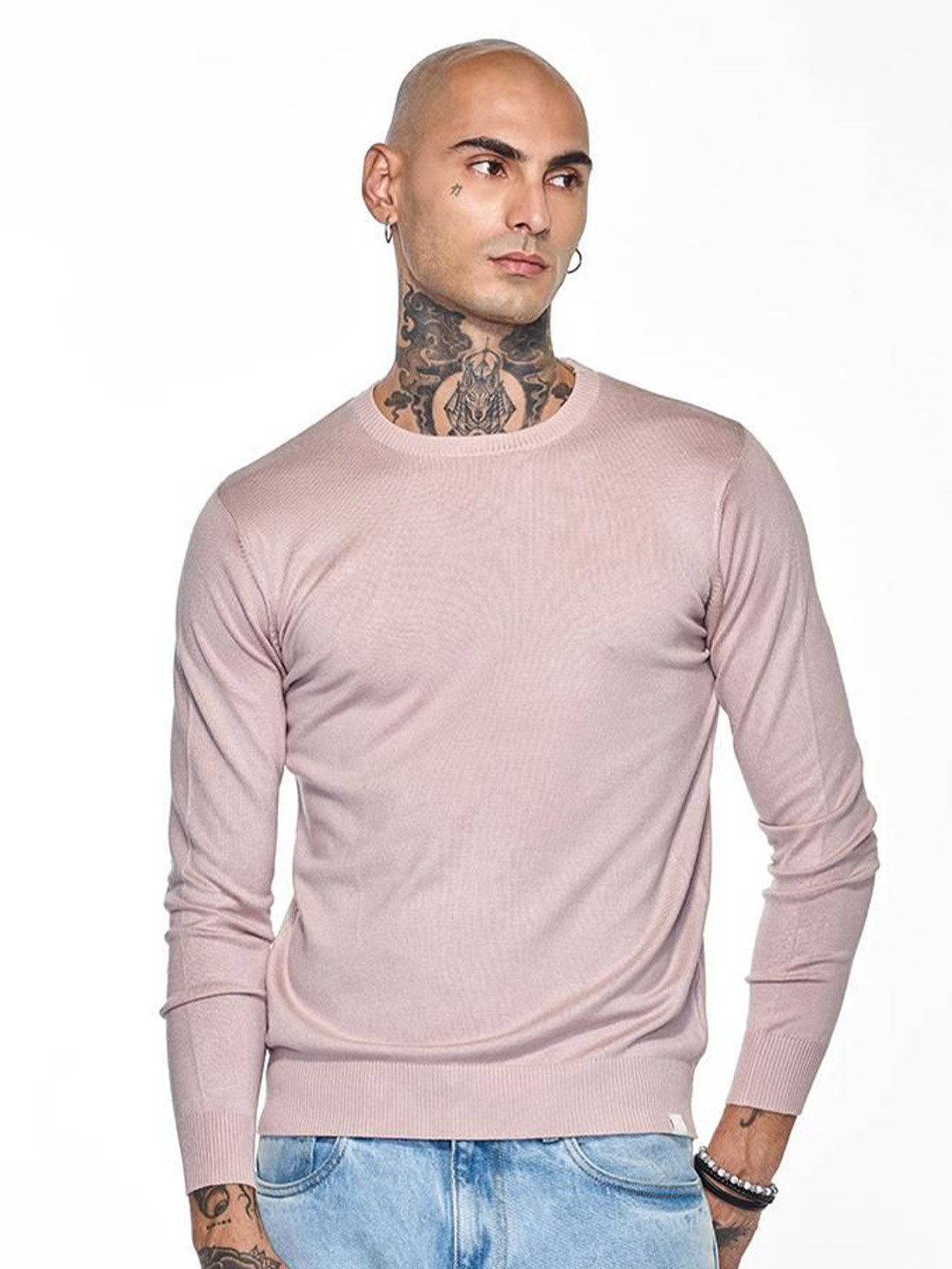 Snitch Men Light Pink Plain Pullover Sweater