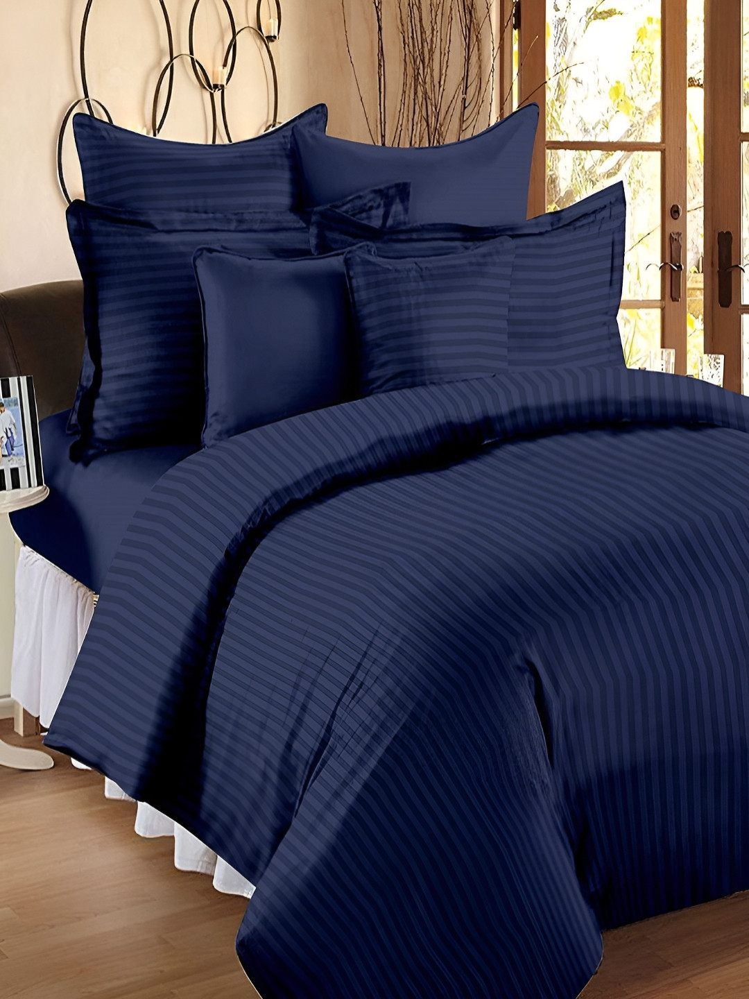 Myntra Elegant Homes Navy Blue Striped Single Duvet Cover With Zipper