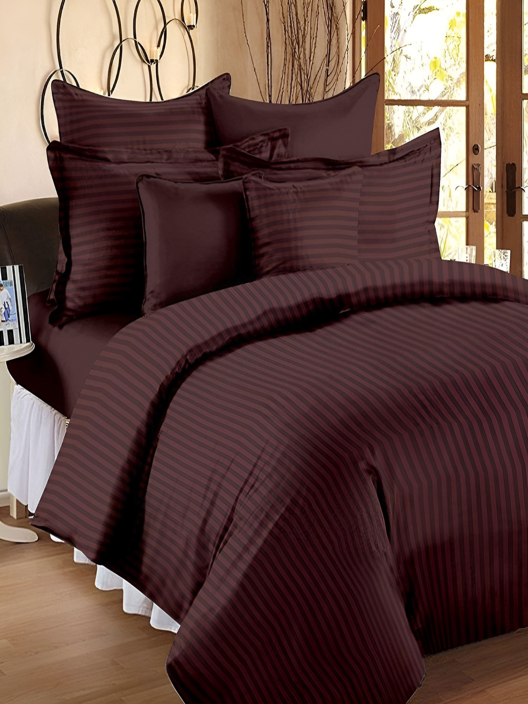 Myntra Elegant Homes Coffee Brown Striped Microfiber Cotton Queen Duvet Cover With Zipper