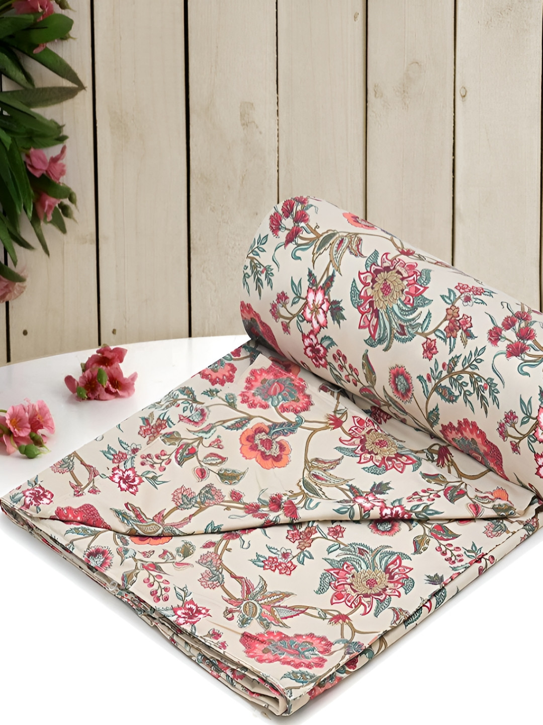 Myntra Elegant Homes Cream Colored & Pink Printed Queen Duvet Cover With Zipper