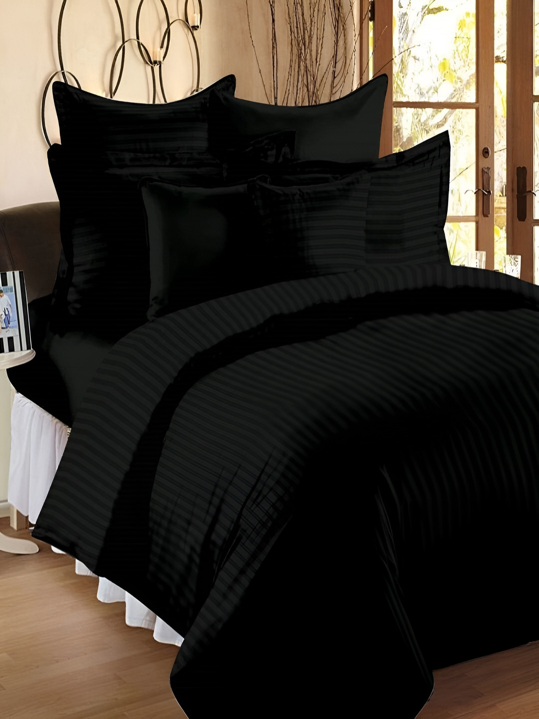 Myntra Elegant Homes Black Striped Microfiber Cotton Queen Duvet Cover With Zipper