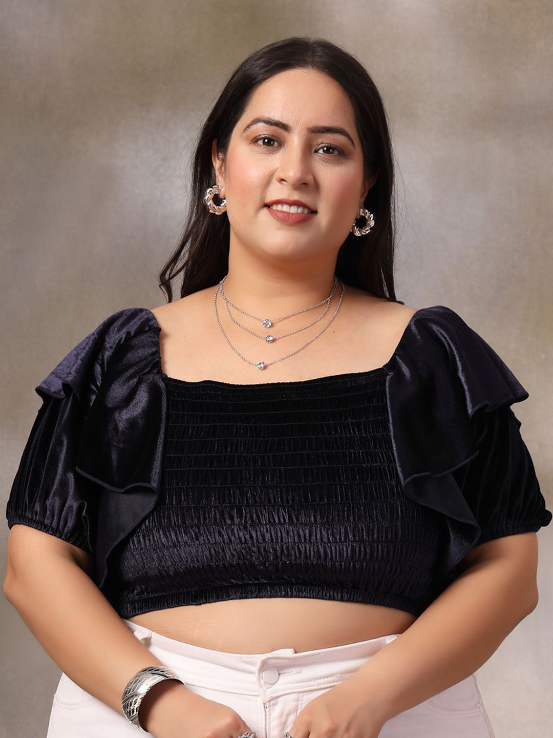 CURVE BY KASSUALLY Plus Size Smocked Velvet Crop Top