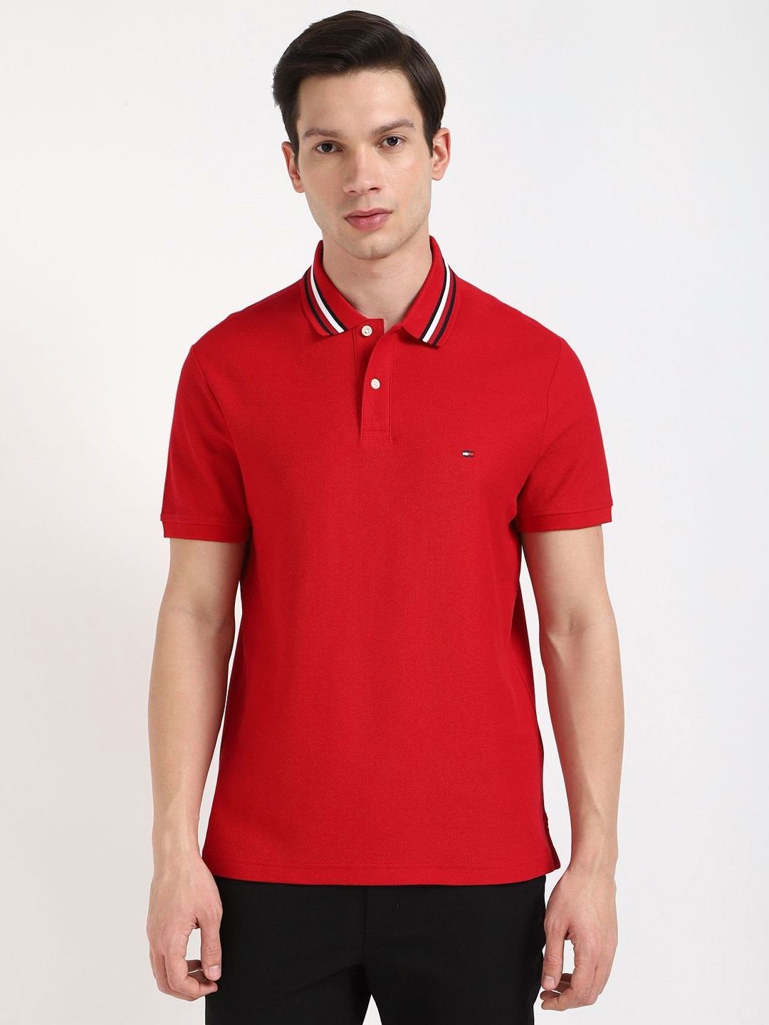 Tommy Hilfiger Men Self Design Polo Collar Cotton T-shirt