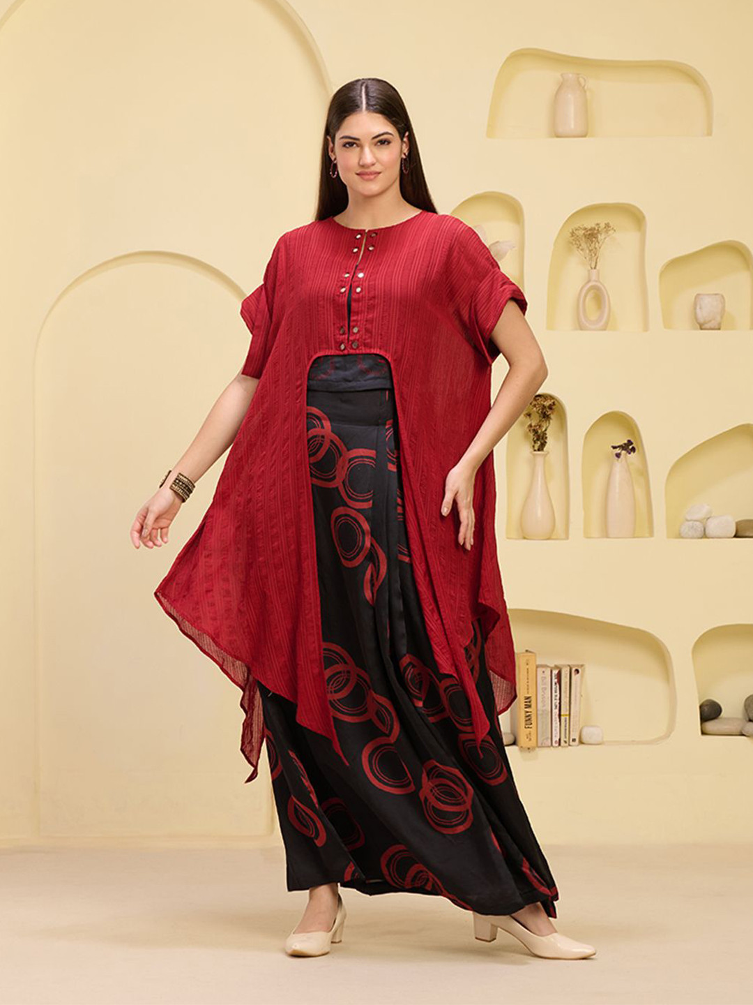 First Resort by Ramola Bachchan Embroidered Longline Dipped Open Front Cotton Shrug