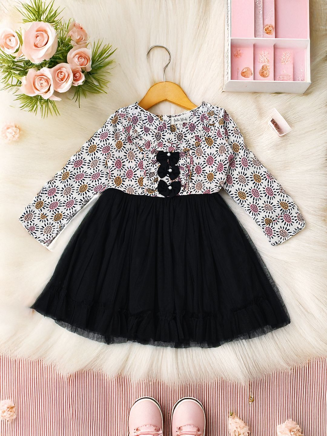 Bella Moda Girls Floral Printed Gathered Cotton Fit and Flare Dress With Front Three Bow