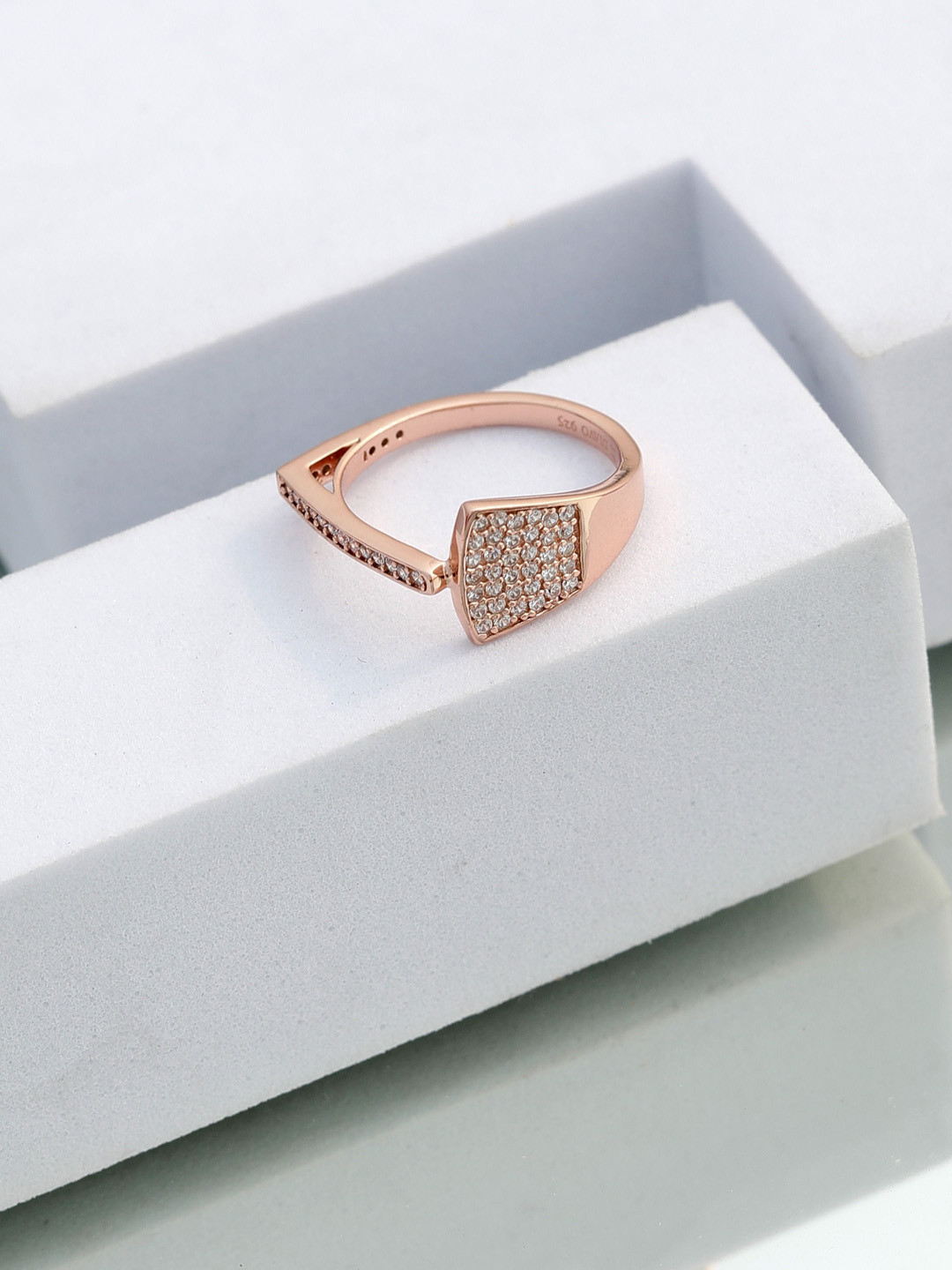 DIAVO Rose Gold-Plated Cubic Zirconia Stone Studded Verve Vista Silver Finger Ring