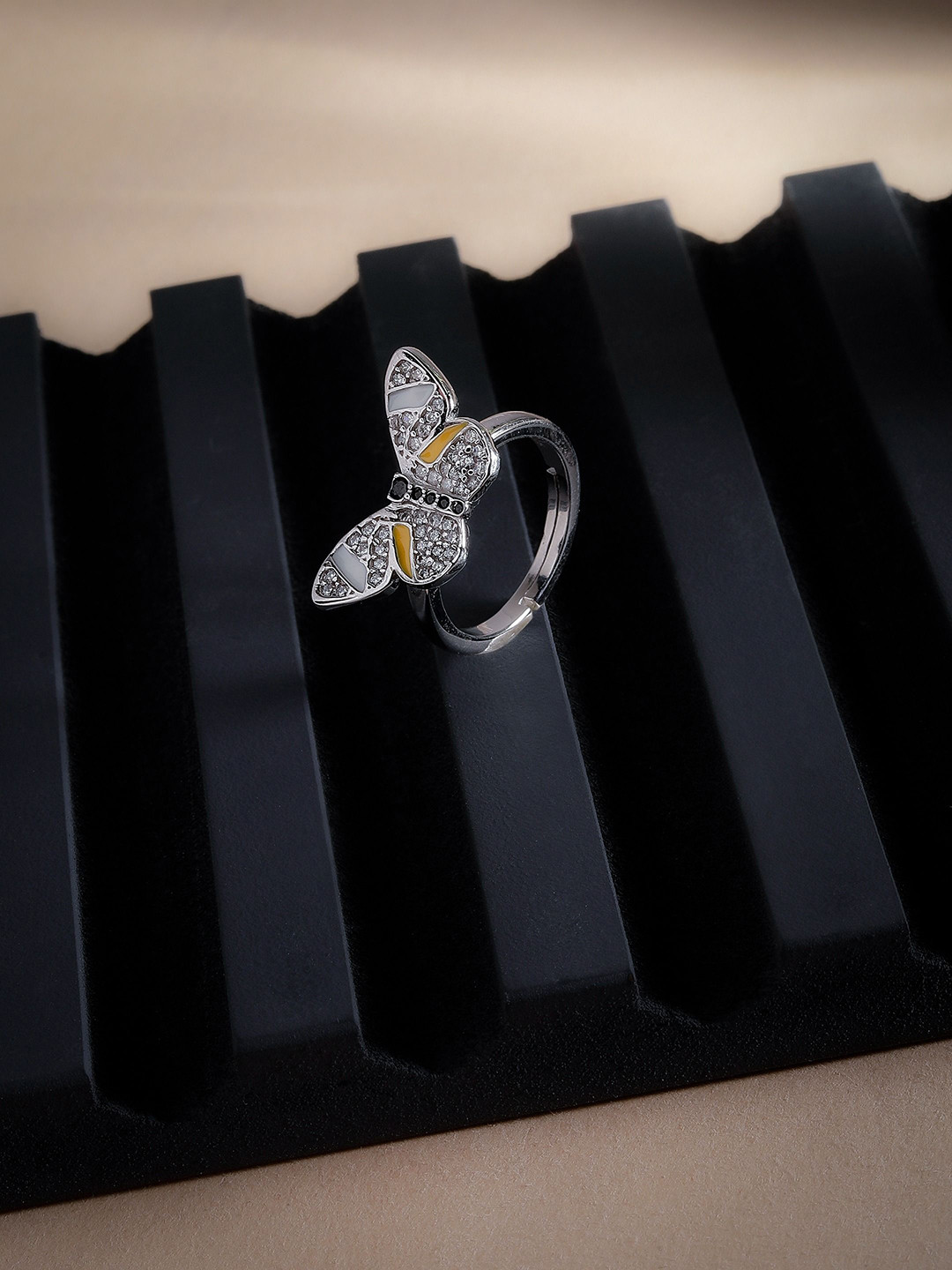DIAVO Rhodium-Plated Cubic Zirconia Studded Gilded Enameled Butterfly Silver Finger Ring