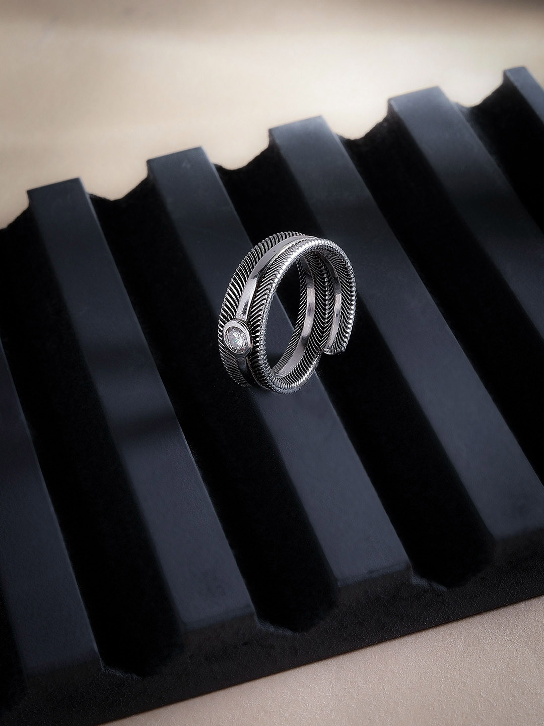 DIAVO Sterling Silver Rhodium-Plated Cubic Zirconia Studded Fearless Finesse Ring