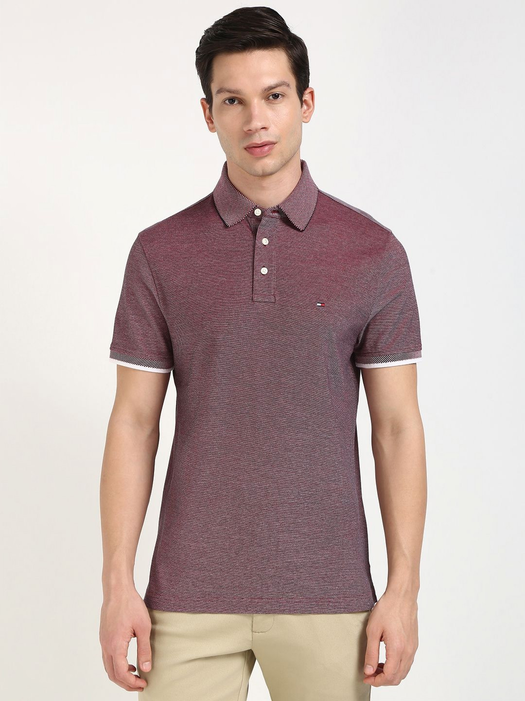 Tommy Hilfiger Men Self Design Polo Collar Cotton T-shirt