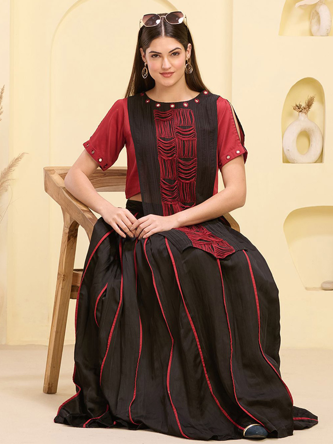 First Resort by Ramola Bachchan Women Self Design Mirror Work Cotton Longline Top