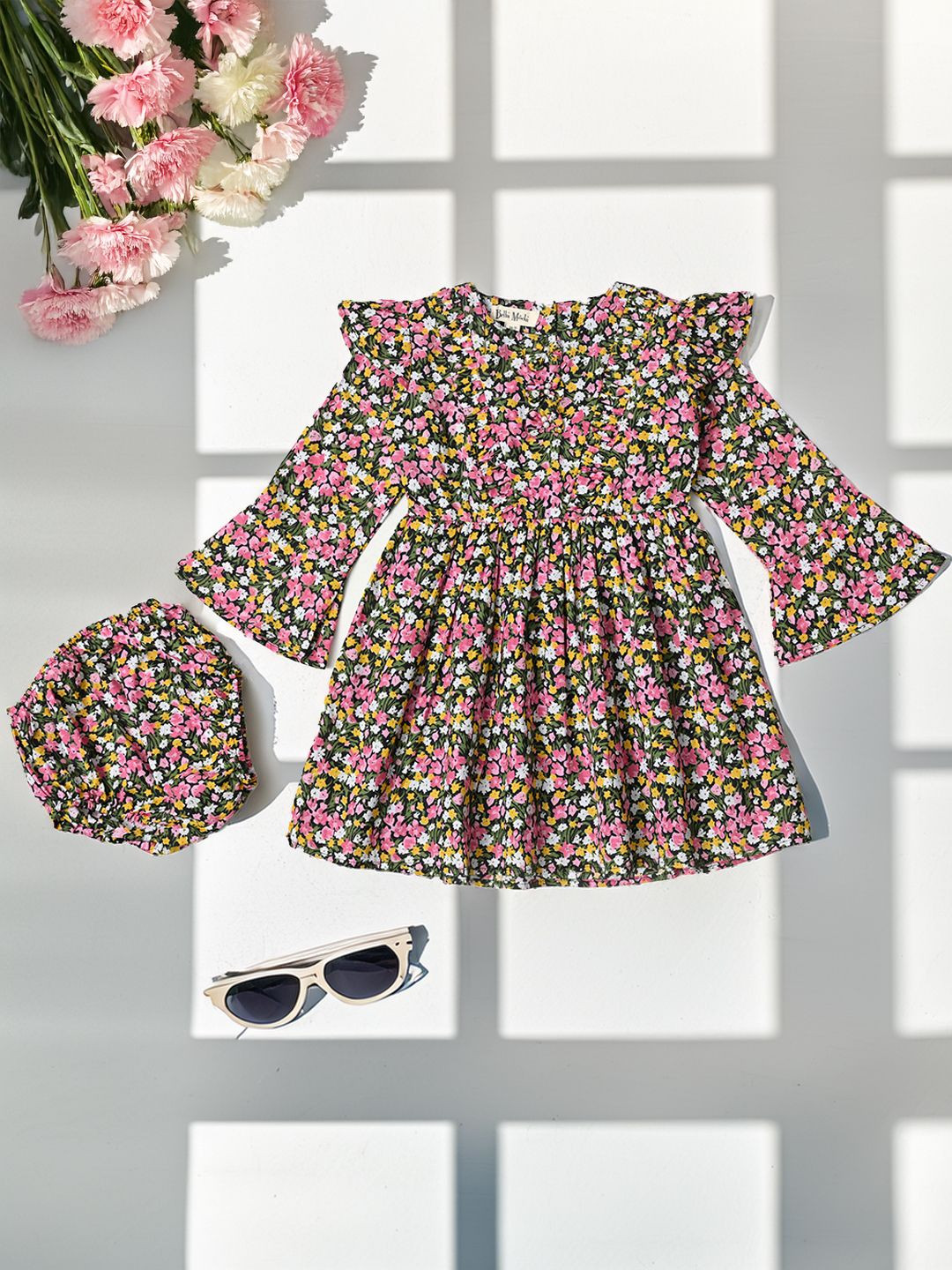Bella Moda Girls Floral Printed Ruffles Cotton Fit and Flare Dress