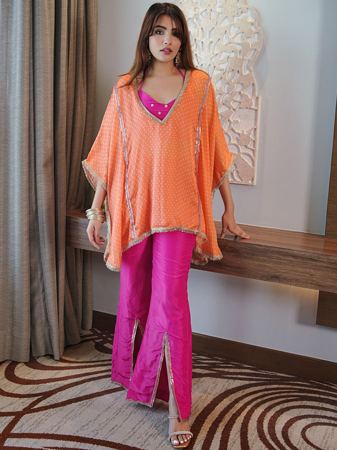 LABEL ADITI HUNDIA Printed Satin Neermohi Kaftaan Set